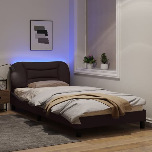 Bed Frame with LED without Mattress "Hvar" Dark Brown 100x200 cm Fabric