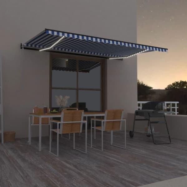 Automatisk markis med vindsensor & LED 500x350 cm blå och vit