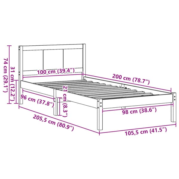 Sängram Vit 100 x 200 cm Massivt tallträ