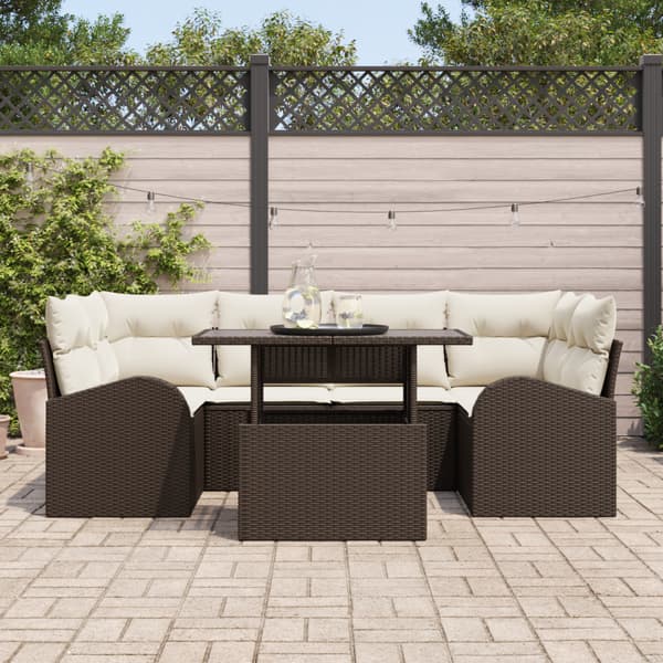 Trädgårdsoffset med kudde med lagring 7 pcs Brun Poly Rattan