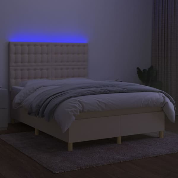 Ramsäng med madrass & LED gräddvit 140x200 cm tyg