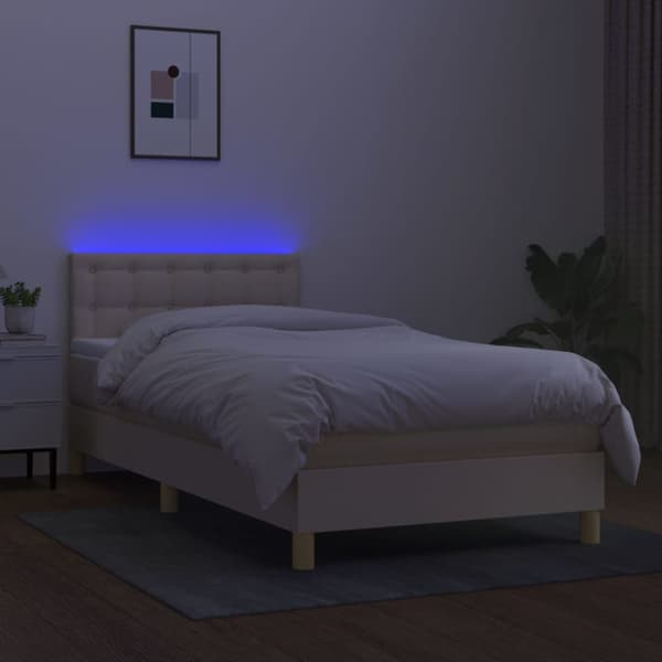 Ramsäng med madrass & LED gräddvit 100x200 cm tyg