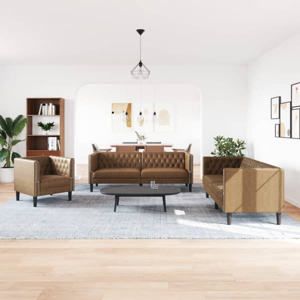 Soffgrupp chesterfield 3 delar brun konstmocka