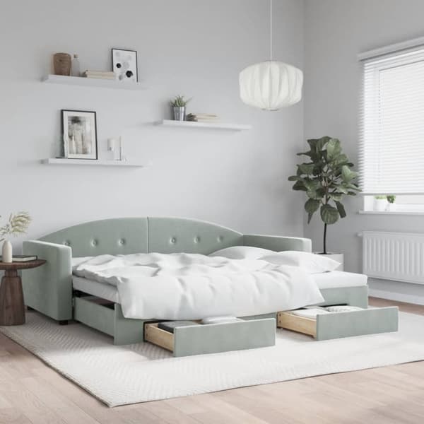 Dagbädd utdragbar med lådor ljusgrå 90x200 cm sammet