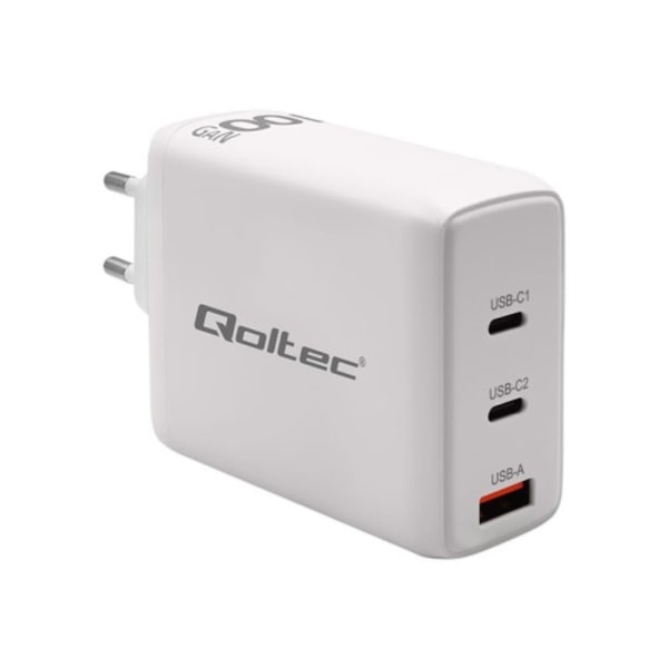 Qoltec strömadapter - GaN, 5-20V, 1,5-5A - USB, 2 x 24-stifts USB-C (PD) - 100 Watt