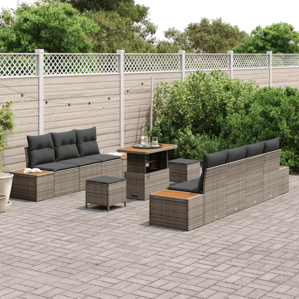 Trädgårdsoffset med kudde med lagring 10 pcs Grå Poly rattan