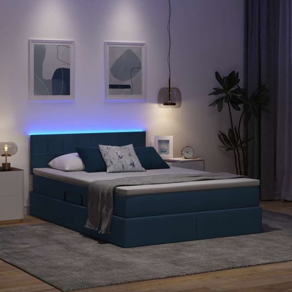 LED förvaringssäng med madrass Blå 140 x 200 cm Tyg
