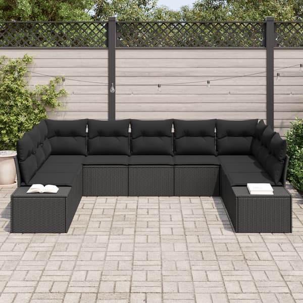 Trädgårdsoffset med kudde 9 pcs Svart Polyrattan