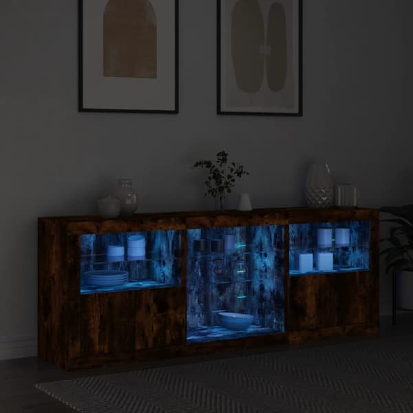 Skänk med LED-belysning rökfärgad ek 181,5x37x67 cm