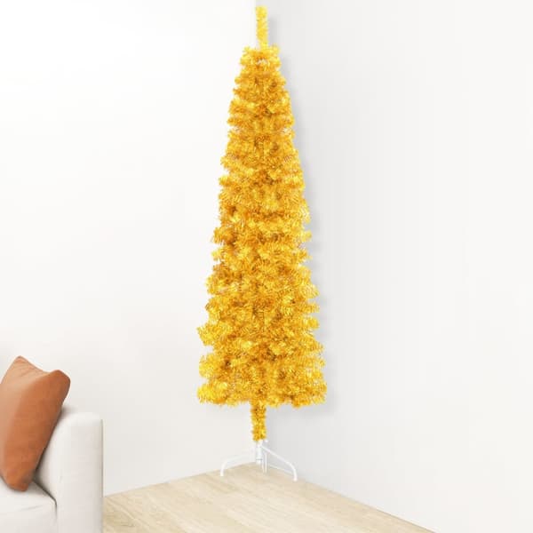 Smal halv plastgran med stativ guld 150 cm