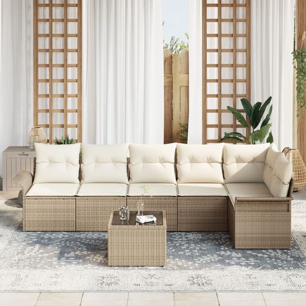 Trädgårdsoffset med kudde 7 pcs Beige konstrotting
