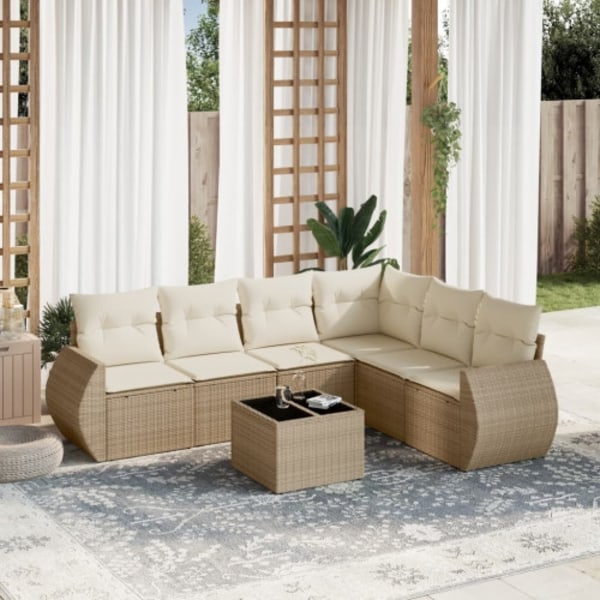 Matgrupp för trädgården med dynor 7 delar beige konstrotting