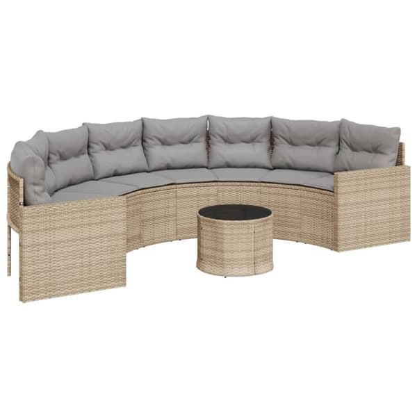 Trädgårdssoffa med bord och dynor halvrund beige konstrotting