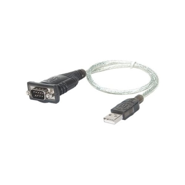 Manhattan USB-A to Serial Converter cable, 45cm, Male to Male, Serial/RS232/COM/DB9, Prolific PL-2303RA Chip, Black/Silver cable, Three Year Warranty,