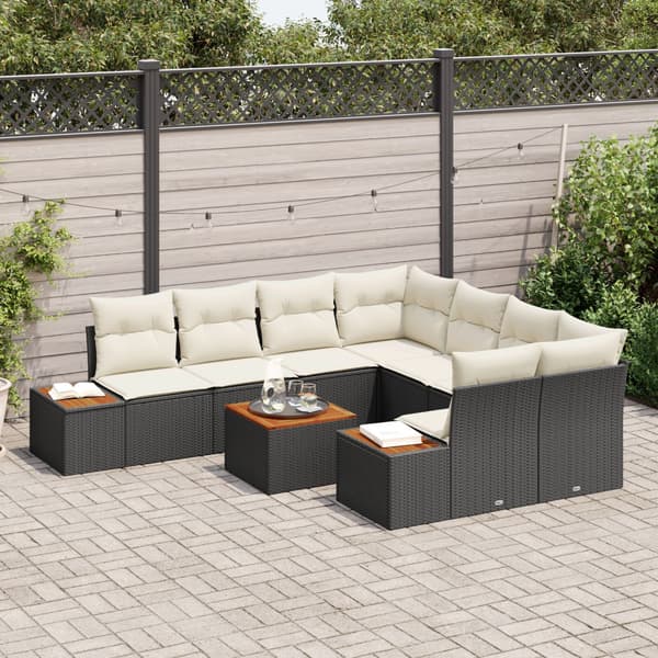Trädgårdsoffset med kudde 9 pcs Svart Poly rattan