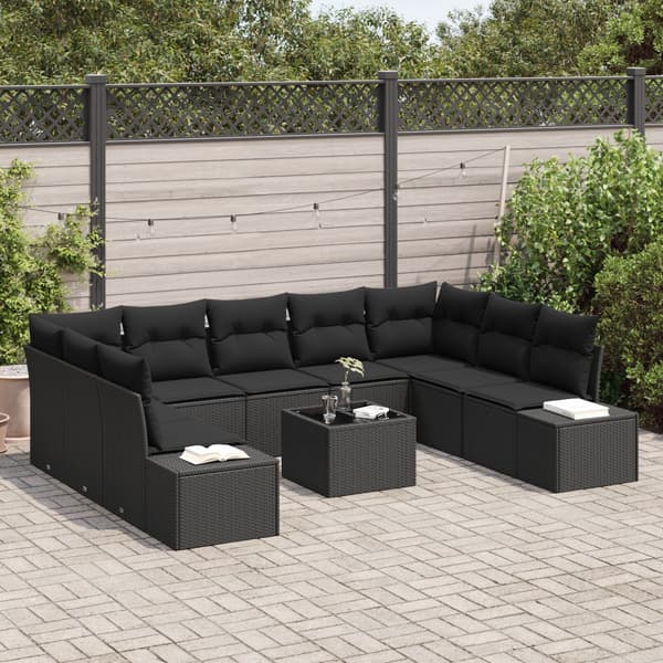 Trädgårdsoffset med kudde 9 pcs Svart Polyrattan