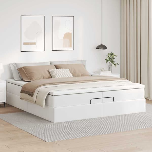 Ottoman sängram med madrasser vit 200x200 cm konstläder
