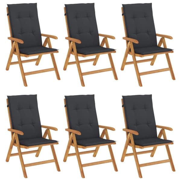 Fällbara fåtöljer med dynor, 6 st, massivt trä, teak