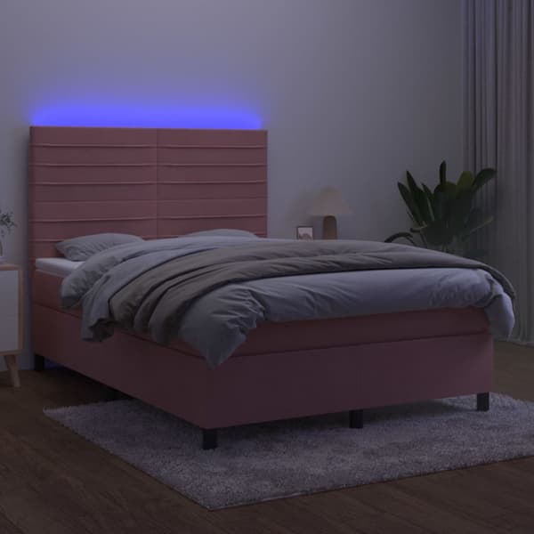 Ramsäng med madrass rosa & LED 140x190 cm sammet