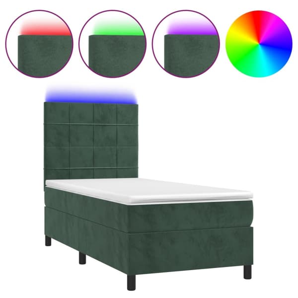 Ramsäng med madrass & LED mörkgrön 90x190 cm sammet