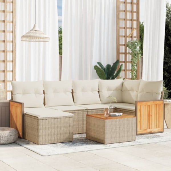 Matgrupp för trädgården med dynor 7 delar beige konstrotting