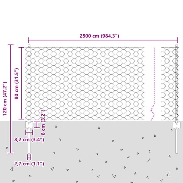 Stängsel med stolpe Silver 0,8 x 25 m Stål