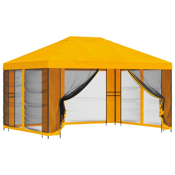 Trädgårdsgazebo med sidoväggar 4 × 3 m Gul Polyester och Stål