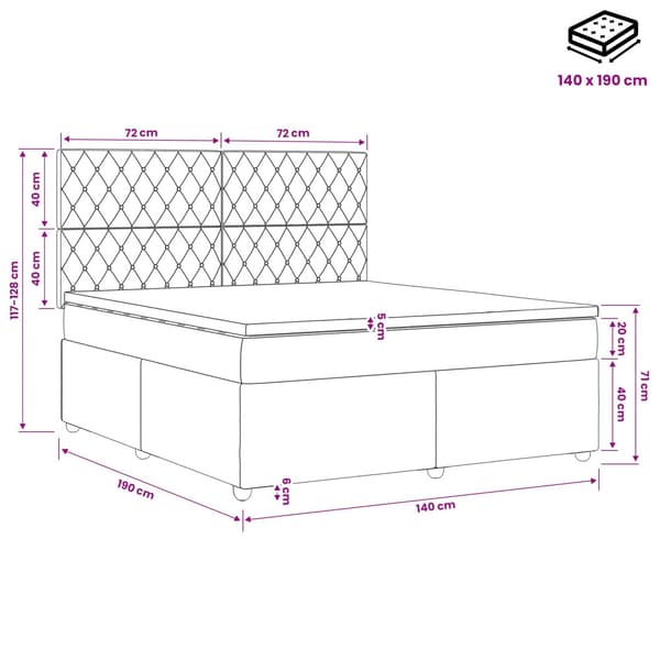 LED sängram med madrass Ljusgrå 140 x 190 cm Sammet