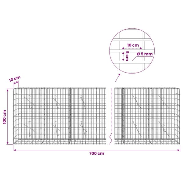 Gabion med 5 mm Tråd och 5x10 cm Maska 700x10x100 cm