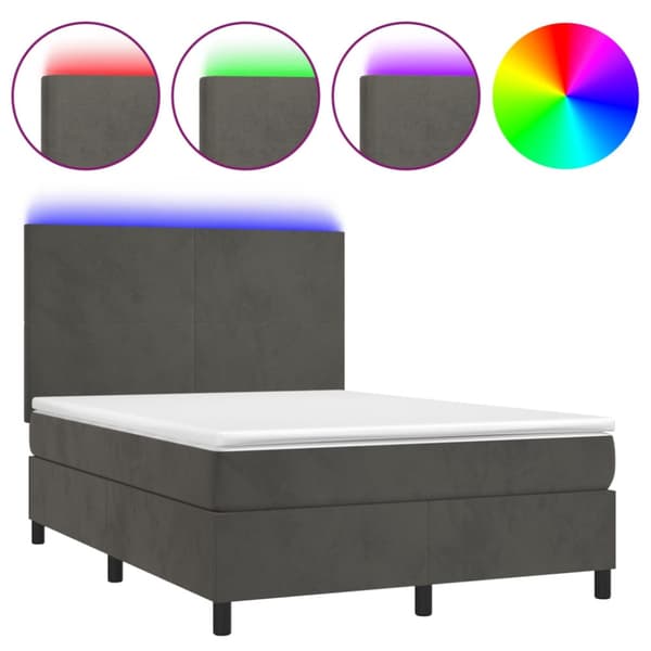 Ramsäng med madrass & LED mörkgrå 140x190 cm sammet