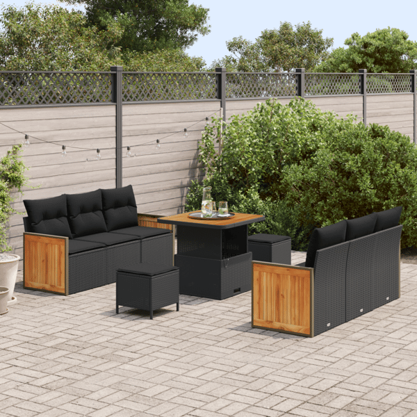 Trädgårdsoffset 9 pcs Svart Poly Rattan och Pulverlackerad Stål