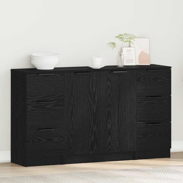 Sideboard med låda 3 pcs Svart Ek Konstruerat trä
