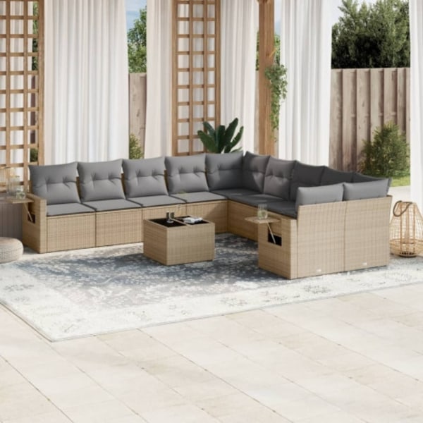 Loungegrupp för trädgården m. dynor 11 delar beige konstrotting