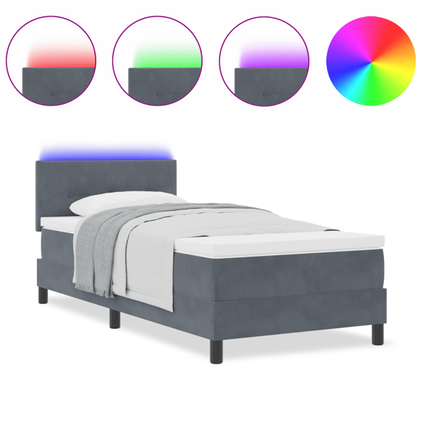 LED Box Säng med madrass med led Mörkgrå 90 x 200 cm Sammet