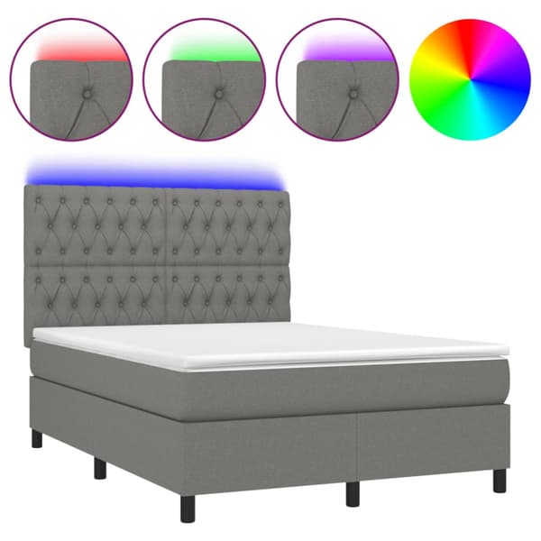 Ramsäng med madrass & LED mörkgrå 140x190 cm tyg