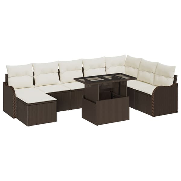 Trädgårdsoffset med kudde med lagring 9 pcs Brun Poly rattan