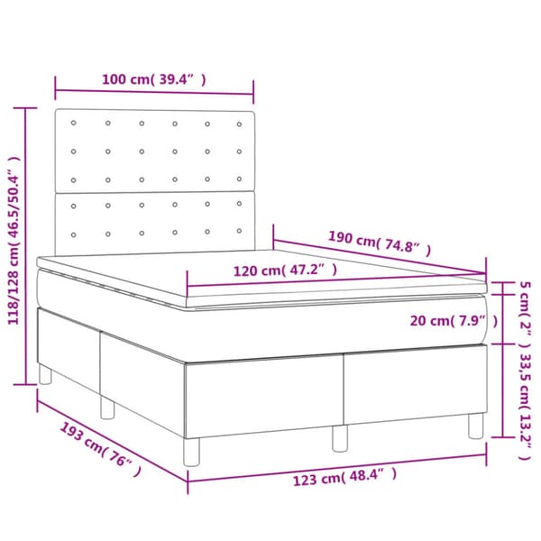 Ramsäng med madrass & LED gräddvit 120x190 cm tyg