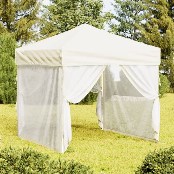 Hopfällbart partytält med sidoväggar gräddvit 2x2 m