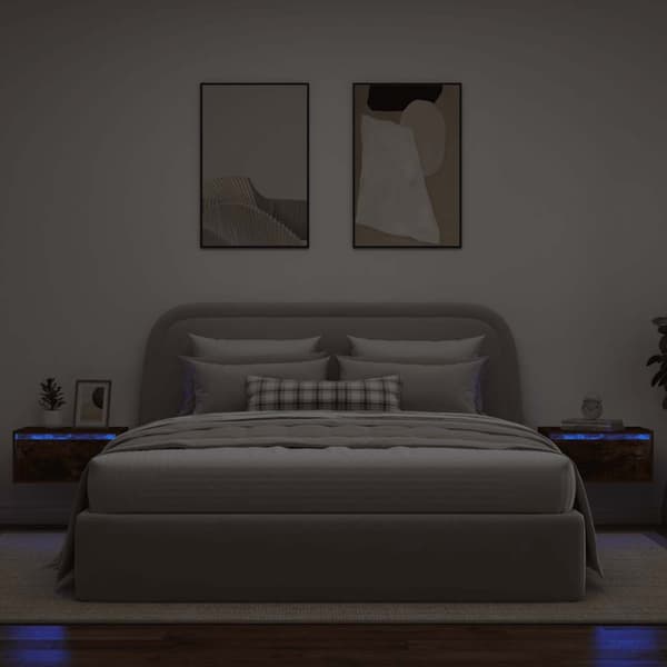 Väggmonterade sängbord med LED-lampor 2 st rökfärgad ek
