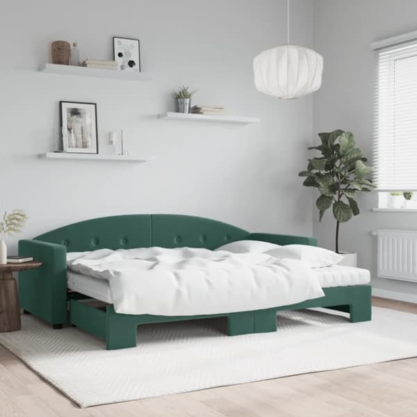 Dagbädd utdragbar med madrasser mörkgrön 80x200 cm sammet