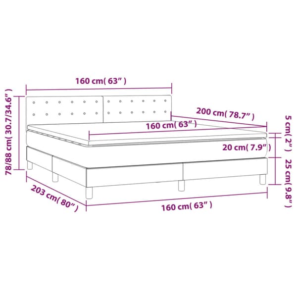 Ramsäng med madrass & LED rosa 160x200 cm sammet