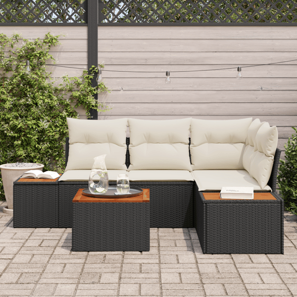 Trädgårdsoffset med kudde 4 pcs Svart och kräm Polyrattan