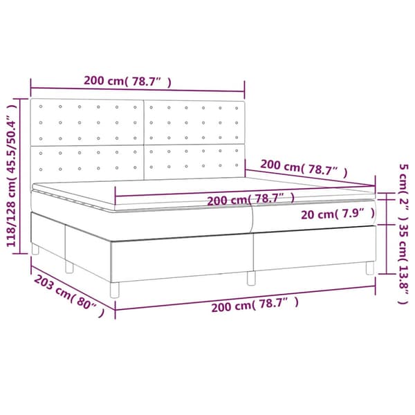 Ramsäng med madrass & LED mörkblå 200x200 cm sammet
