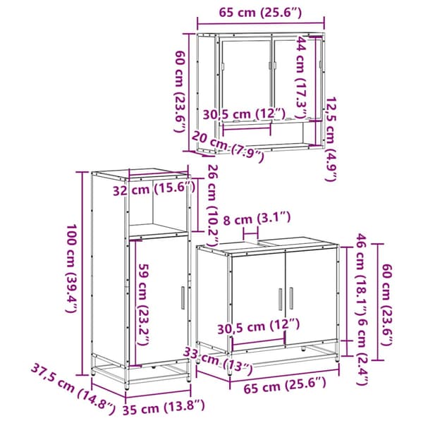 Badrumsmöbler set 3 delar sonoma-ek konstruerat trä