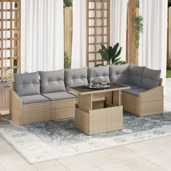 7-delad trädgårdssoffa med kuddar beige poly rattan