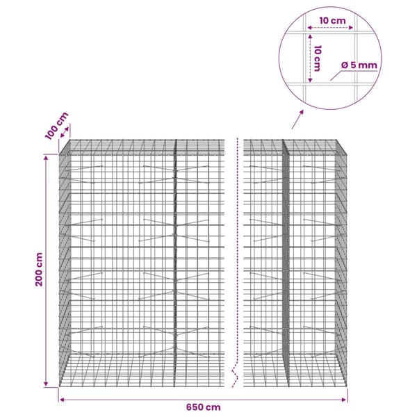 Gabion med 5 mm tråd och 10x10 cm nät 650x100x200 cm