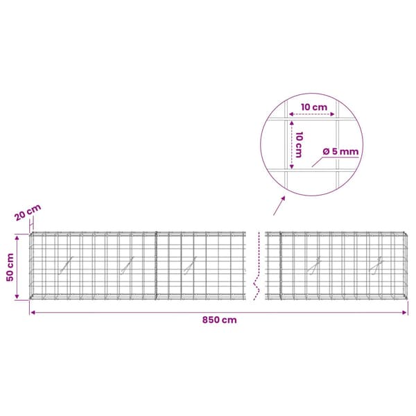 Gabion med 5 mm tråd och 10x10 cm nät 850x20x50 cm
