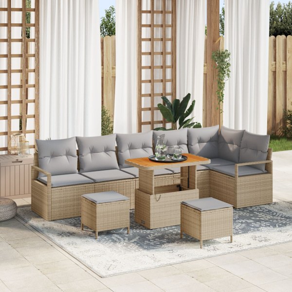 Trädgårdsoffset med kudde 9 pcs Beige Poly rattan