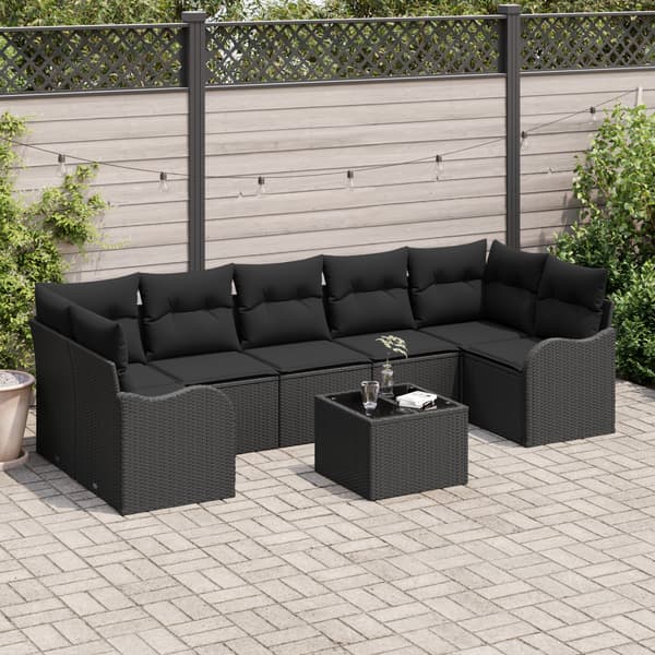 Trädgårdsoffset 8 pcs Svart Poly Rattan och Stål och Glas