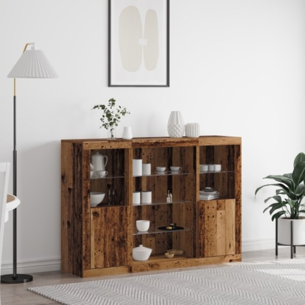 Sideboard med LED-lampor gammalt trä 142.5x37x100 cm konstruerat trä